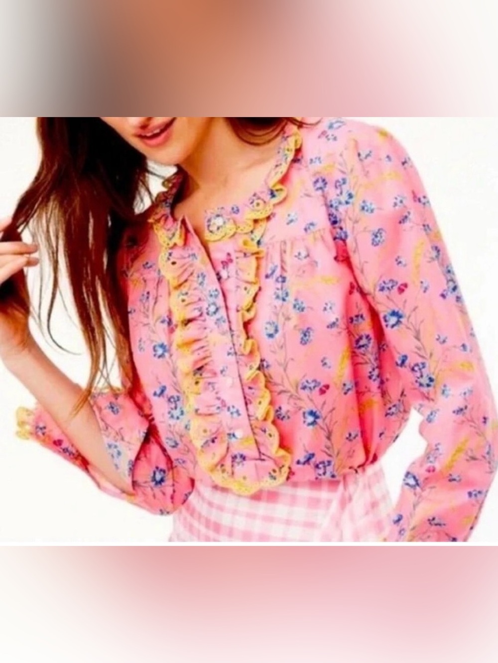 J.Crew Cotton Poplin Ruffle Blouse in Liberty Wheat Floral Print eyelet trim M